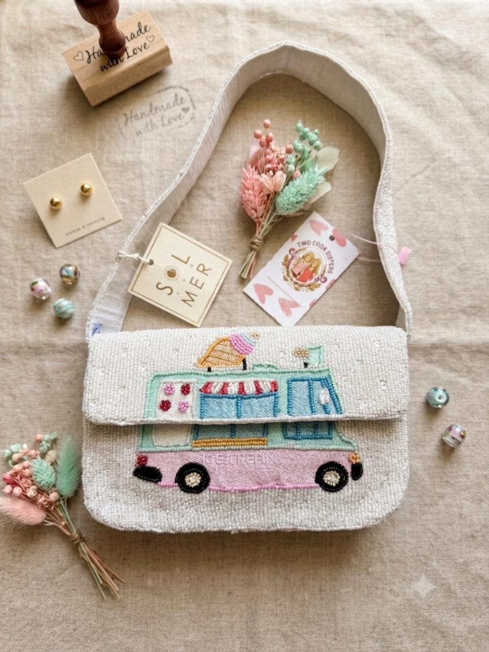 Handmade Beaded Ice Cream Truck Purse – Pastel Embroidery Shoulder Bag